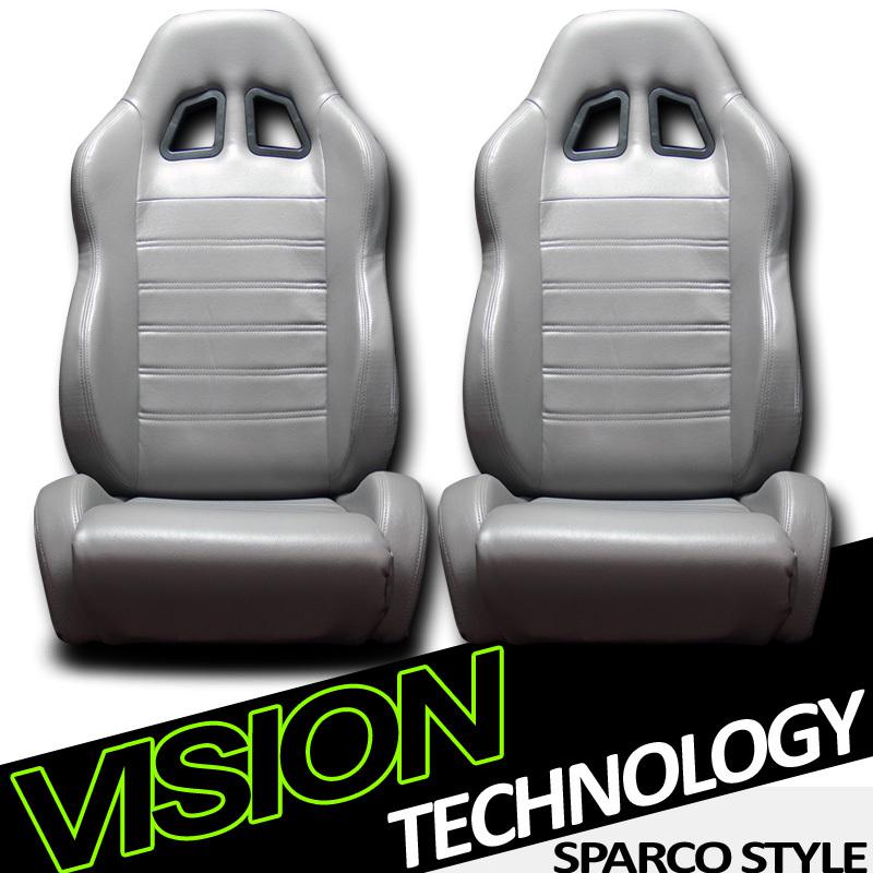 2x sp style grey pvc leather reclinable racing bucket seats+sliders pair nissan