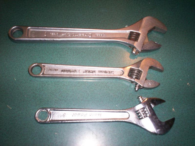 Adjustable wrenches, 3 piece lot, 10" crestology, 8" mech power, 8" 200mm used