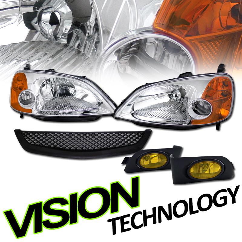 Chrome head lights+yellow lens driving fog lamps+bumper grill 01-03 civic 2d/4d