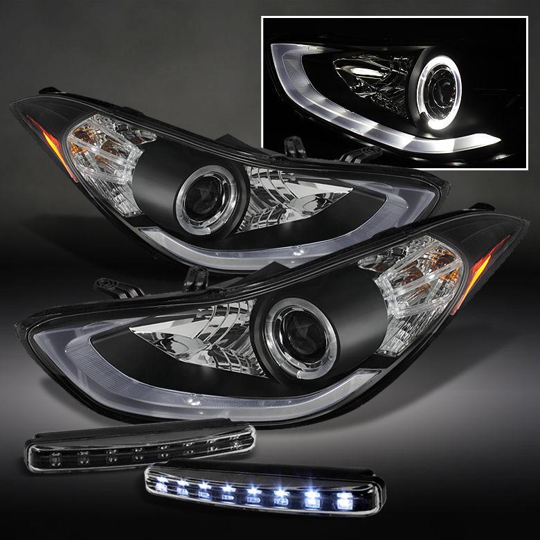 Fit 11-13 elantra led tube halo black projector headlights w/corner+daytime lamp