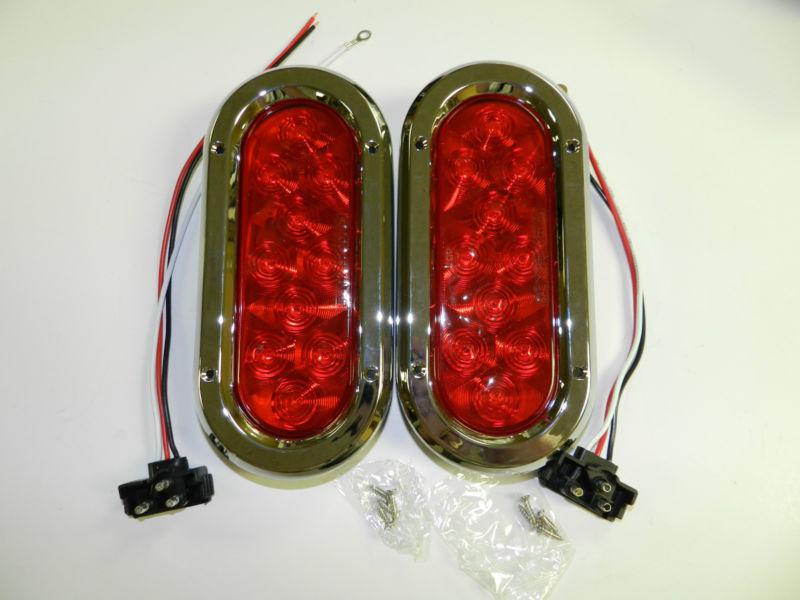 Red 10 led 6" oval trailer truck stop turn brake tail light kits / chrome bezels