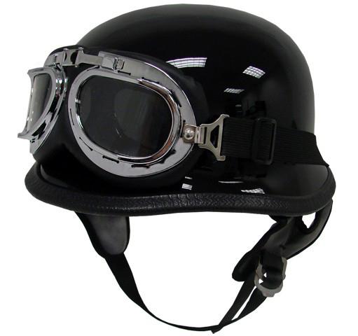L/large~dot german motorcycle half helmet chopper biker gloss black+goggles