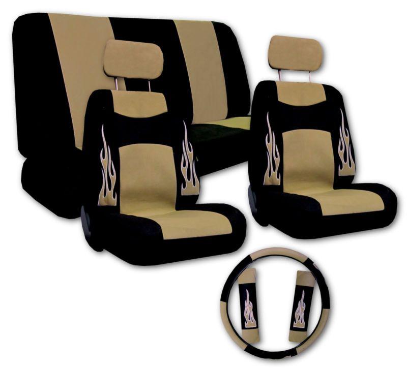 Tan black synthetic leather flame low back car truck suv seat covers #e