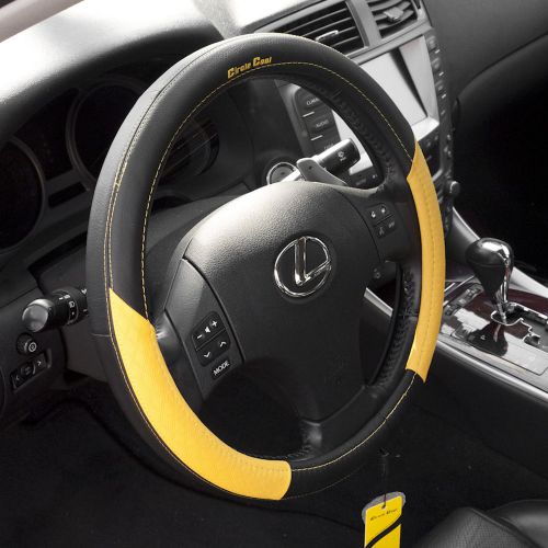 Pvc leather black yellow steering wheel cover embossed grip sz medium 5812_3