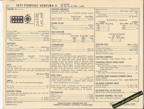 1971 pontiac ventura ii v8 307 ci / 200 hp car sun electronic spec sheet