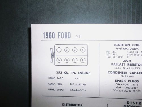 1960 ford 352 ci v8 sun electric corp tune up chart excellent condition!