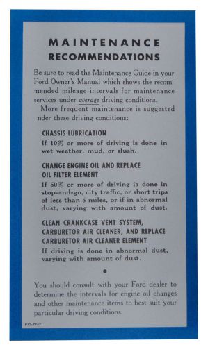 1955 1956 1957 lincoln owners manual maintenance sheet