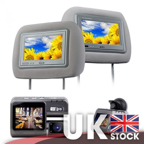 Pair of 7&#034; headrest monitor with moquette cover (grey) + 2&#034; lcd hd dashcam