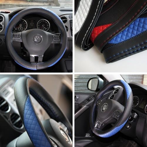 47012 14-15" 38cm steering wheel cover black+blud leather fiat wrap bmw audi car