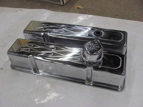 Chrome pair valve covers with flames 327 350 chevy chevrolet