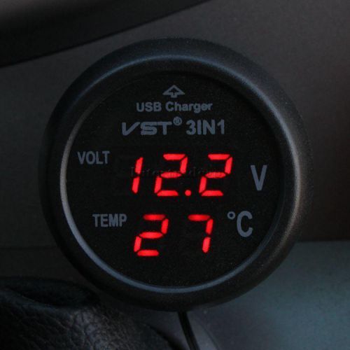 3in 1 car 12v 24v red led digital voltmeter, thermometer, usb car charger