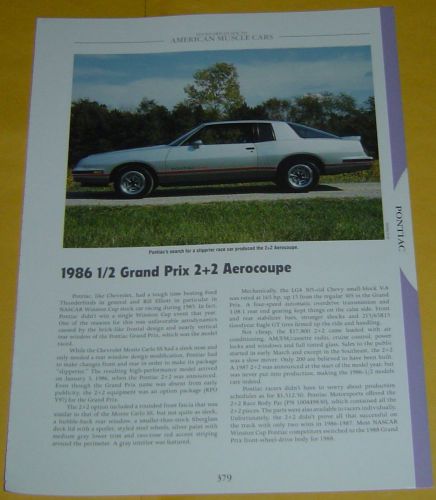 1986 1/2 pontiac grand prix 2+2 aerocoupe 305 ci lg4 info/specs/photo sheet 11x8