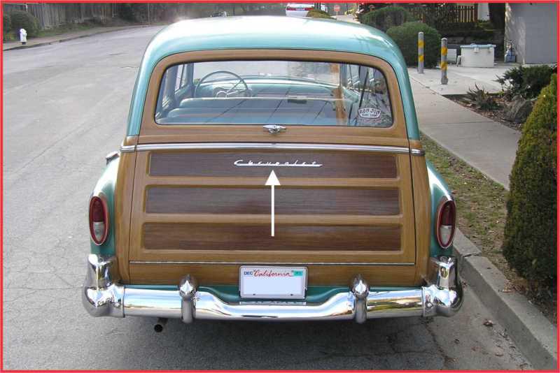 52 - 54 chevrolet tin woody station wagon tailgate nameplate + sunvisor brackets