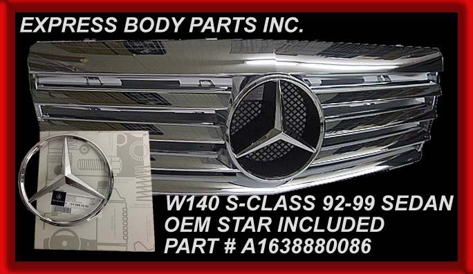 92-99 w140 s420 s500 s600 grille all chrome s-class mercedes hood new 