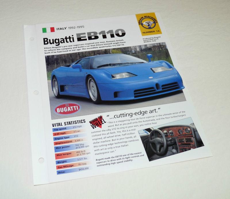 Bugatti eb110 “dream machines” spec sheet/milestones folder international master
