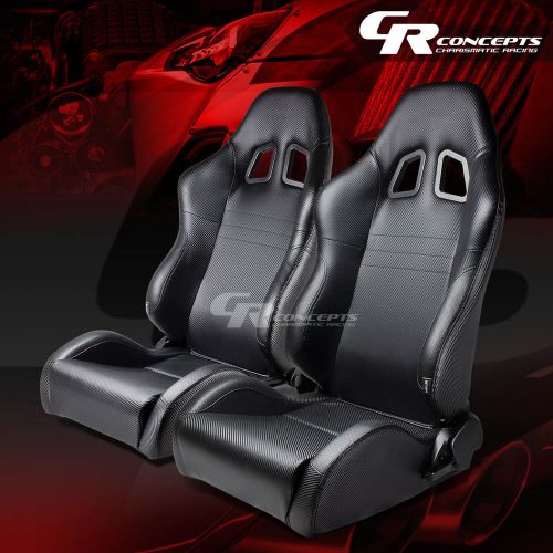 2x carbon look pvc leather sports racing seats+mounting slider rails left+right