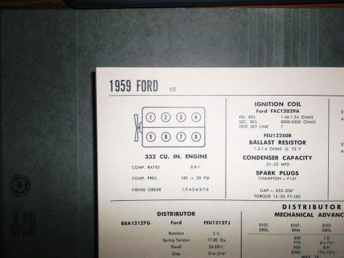 1959 ford 332 cubic inch v8 sun electric corp tune up chart sheet great shape!