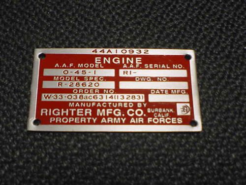 Righter aircraft drone engine data plate acid etched 1940s- 1950s army air force
