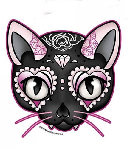 Black&amp; pink lucky cat sugar skull hotrod kulture diamond rose sticker/decal