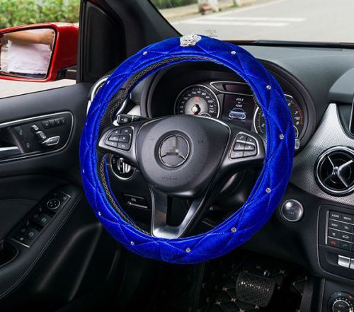 15&#034; blue plush luxury crown crystal stitches vehicle car steering wheel cover#2