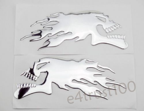 1 pair 3d flame skull emblem decal sticker motorcycle tank fairing badge silver