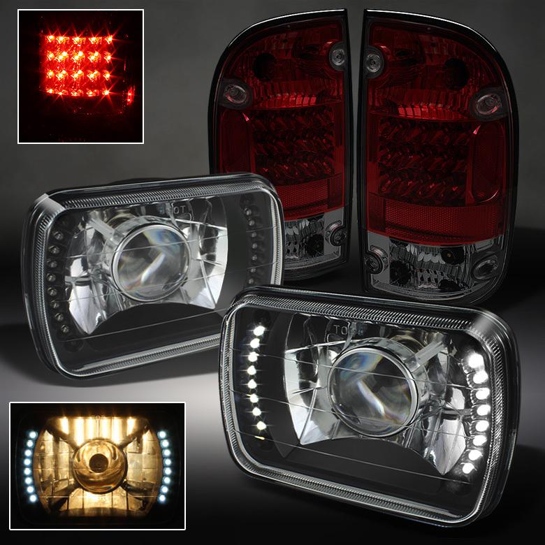 Black 95-97 tacoma projector headlight w/dual strip led+red smoke led tail lamps