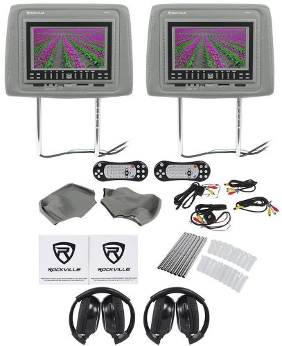 Rockville rvd72-gr 7” dvd/usb/sd games car headrest monitors+2 wireless headsets