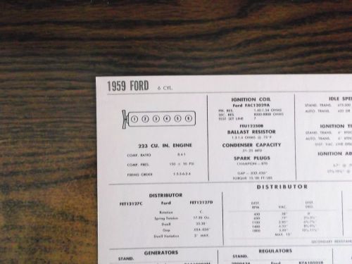 1959 ford six series models 223 cubic inch l6 tune up chart