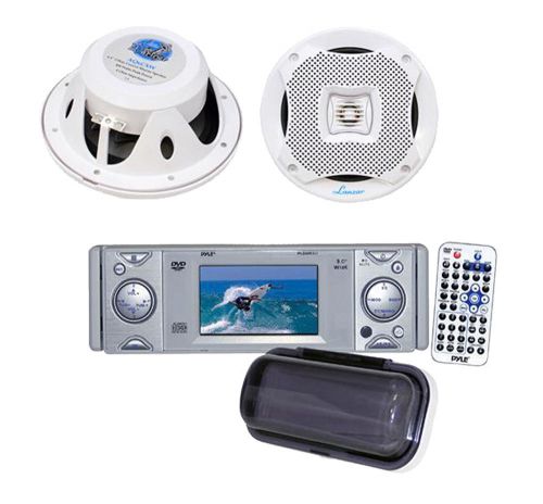 Lanzar white speakers,antenna,8&#034; subwoofer,amp+ new pldmr3u marine dvd cd player