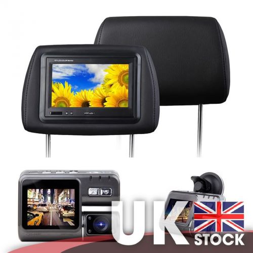 Pair of 7&#034; headrest monitor with leather cover (black) + 2&#034; lcd hd dashcam