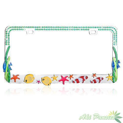 Colorful aquatic animals w/water teal crystals metal car license plate frame