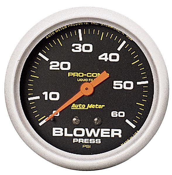 Auto meter 5402 pro comp 2 5/8" liquid filled mech. blower press. gauge 0-60 psi