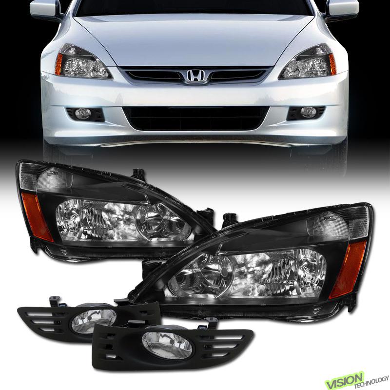 Jdm blk head lights w/ amber+clear lens fog lamps+switch+bulb 03-05 accord coupe