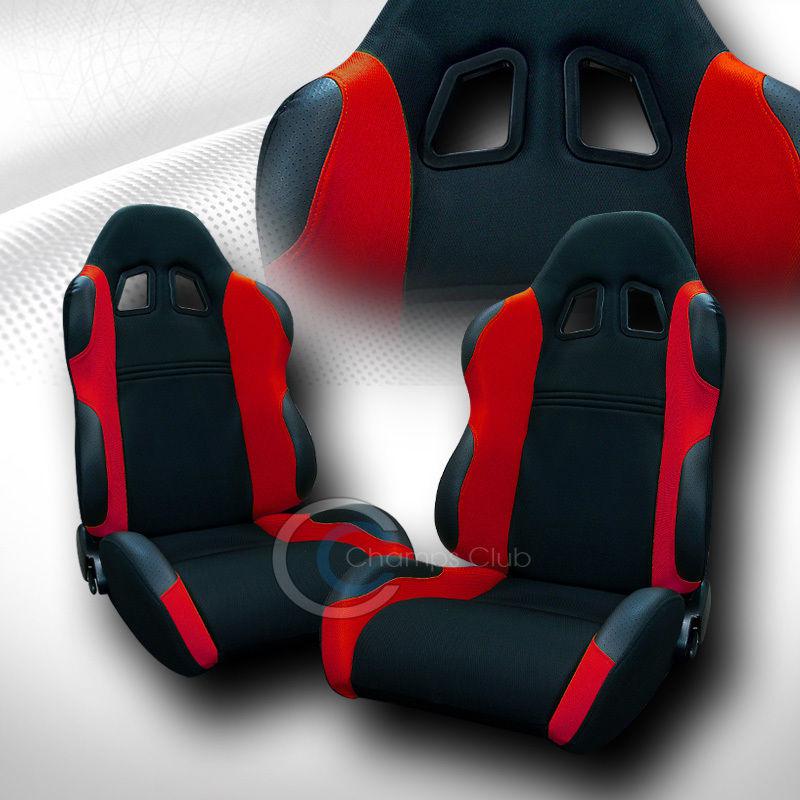 Universal jdm-ts black/red cloth car racing bucket seats+sliders pair mits scion