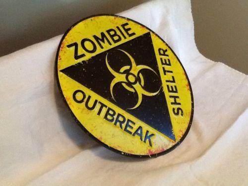 Zombie outbreak shelter metal embossed sign 