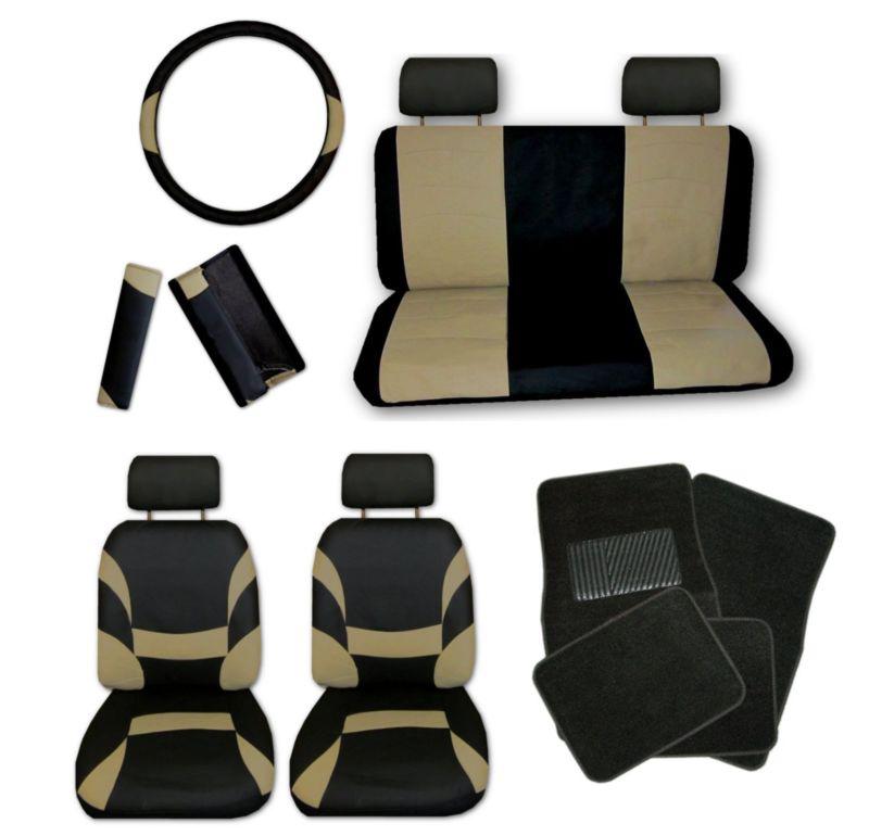 Xtreme faux leather tan black car seat covers set and black floor mats #b