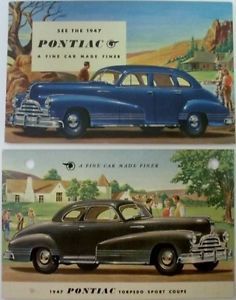 Nos 1947 pontiac torpedo sport coupe &amp; 4 door sedan dealer original post cards