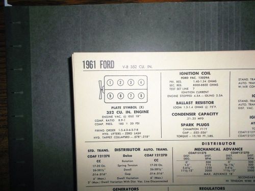 1961 ford series models 352 ci v8 sun tune up chart excellent condition!