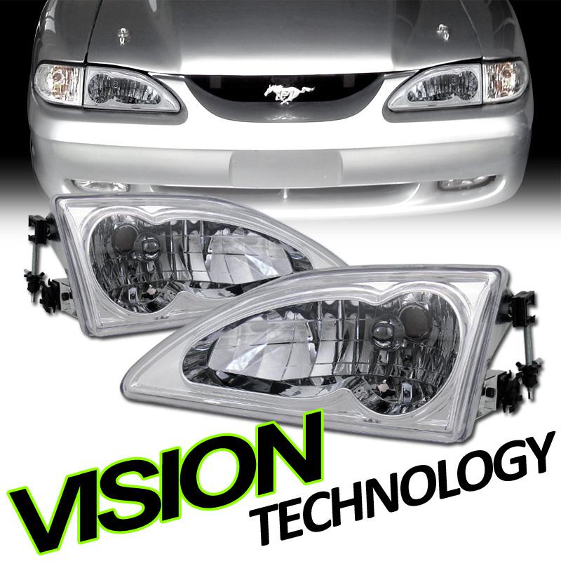 New pair 94-98 ford mustang v6/v8 chrome crystal headlights headlamps assembly