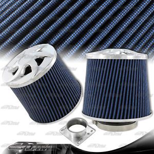 Blue micro cotton gauze 3&#034; tapered spiral cone cold air intake filter + adapter