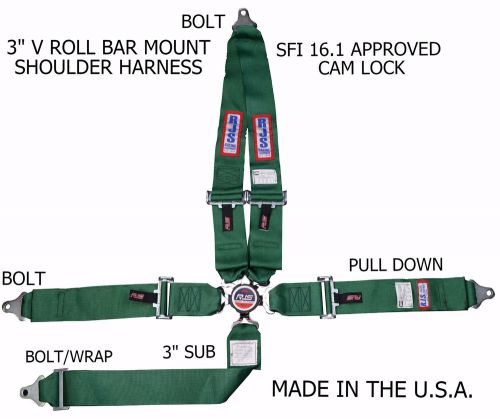 Rjs sfi 16.1 cam lock 5 pt v roll bar mount bolt in harness belt green 1030109