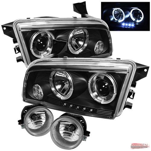 06-10 dodge charger black halo led projector headlights+fog lights+switches set