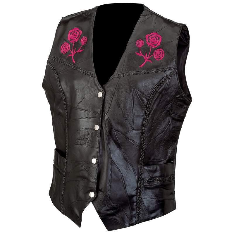 Womens black leather motorcycle vest w/rose embroidery   s,m,l,xl,2x,3x,4x,5x,