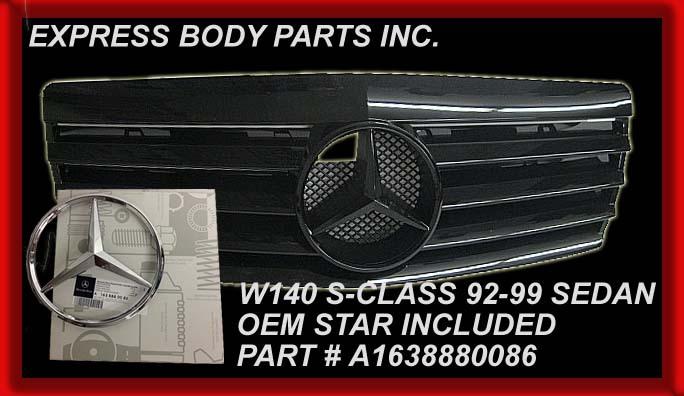 92-99 w140 s420 s500 s600 grille all black w/black star w/out molding s-class  