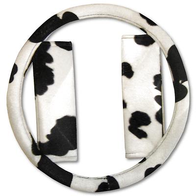 Cow white black velour steering wheel cover & seat belt shoulder pad combo