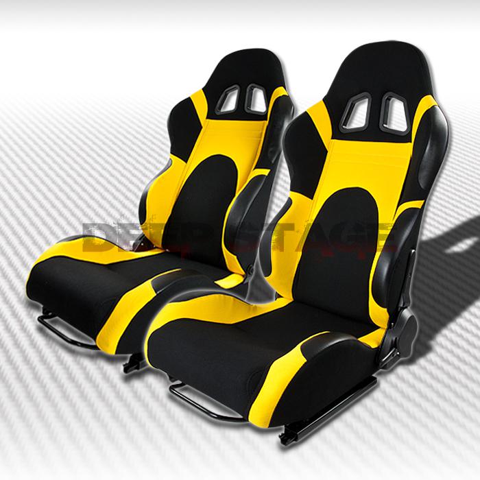 Type-6 black and yellow woven fabric fully reclinable racing seats pair+sliders
