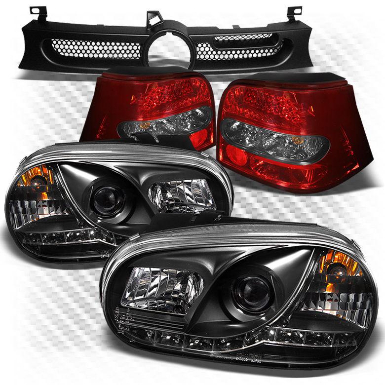 99-06 golf black drl headlights + r/s philips-led perform tail lights + grille
