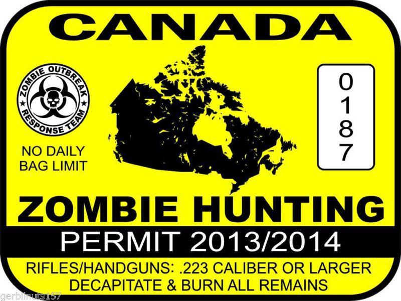 Canada zombie hunting permit license decal 3"x4" vinyl vehicle sticker graphics 