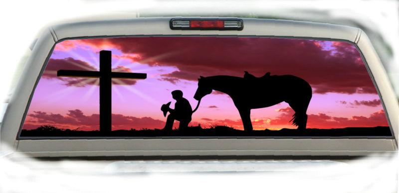 Cowboy praying daybreak (17" x 56") rear window graphic tint decals (measure)