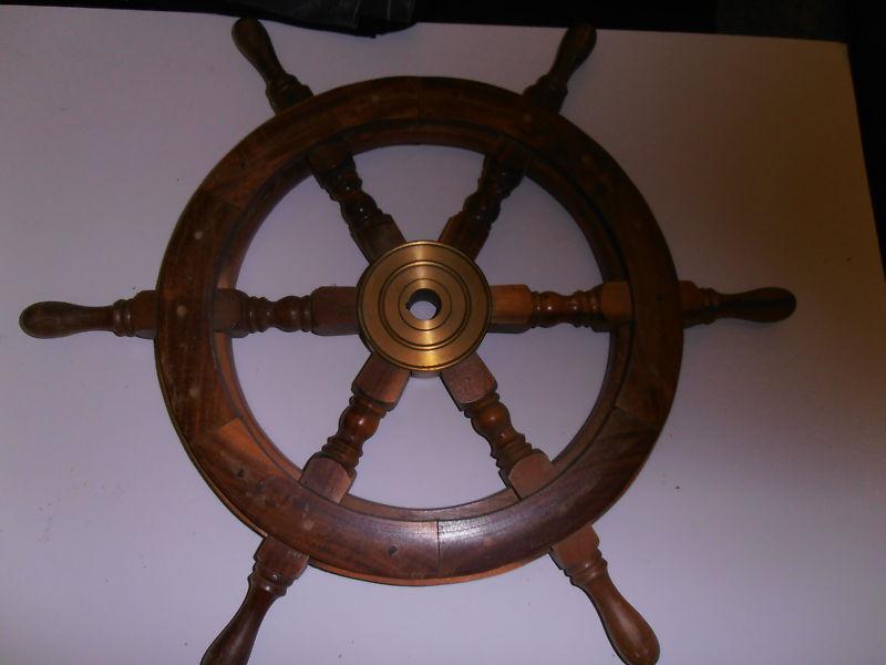 Vintage solid teak wood boat ship helm steering wheel nautical brass hub 25"